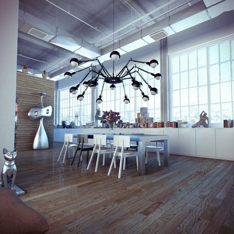 samtida loft industriell design modern interiör matsal vit stol bord design trä golv fixtur upphängning idé möbler vit trä