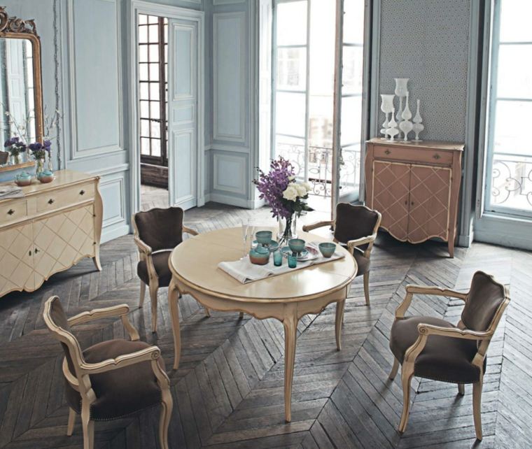 dining room gray mirror table brown chair parquet