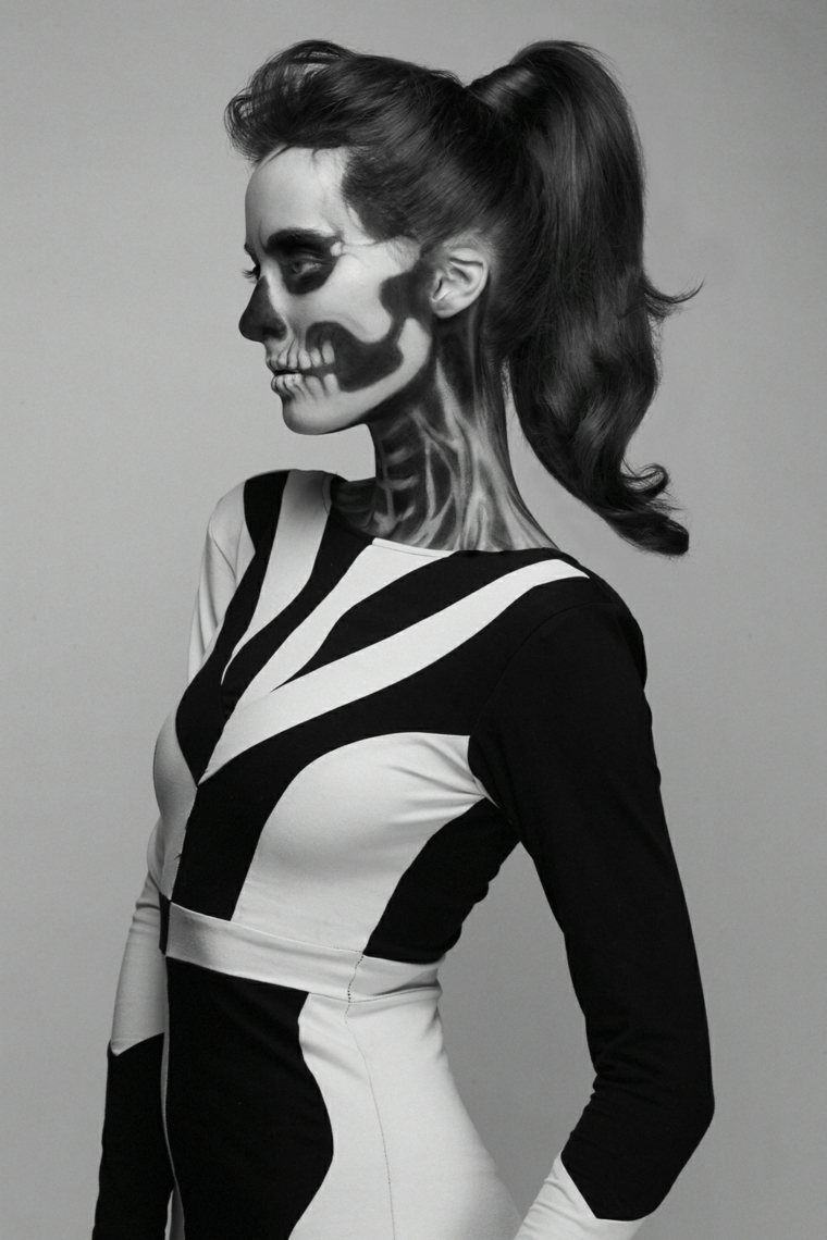 makeup skjelett halloween kvinne svart hvit elegant