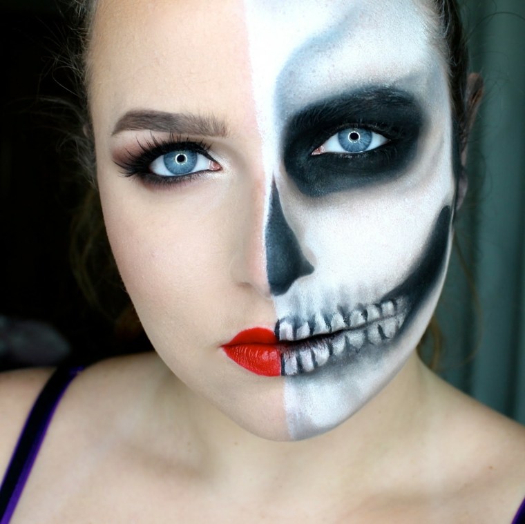 skeleton makeup black white blue green half face woman