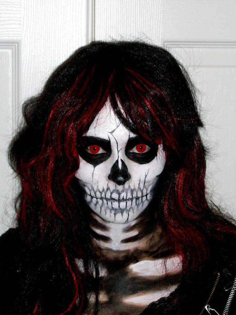 black skeleton makeup white red hair zombie woman