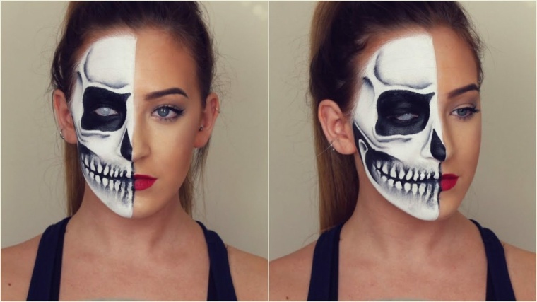 black skeleton makeup white half face beauty woman