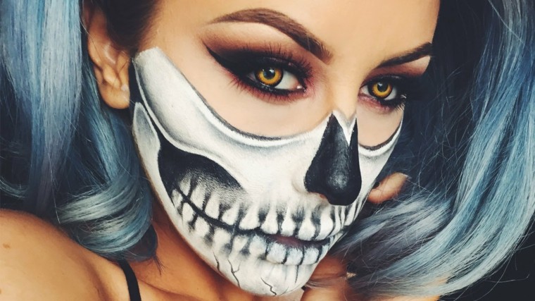 black skeleton makeup white half face woman gray hair