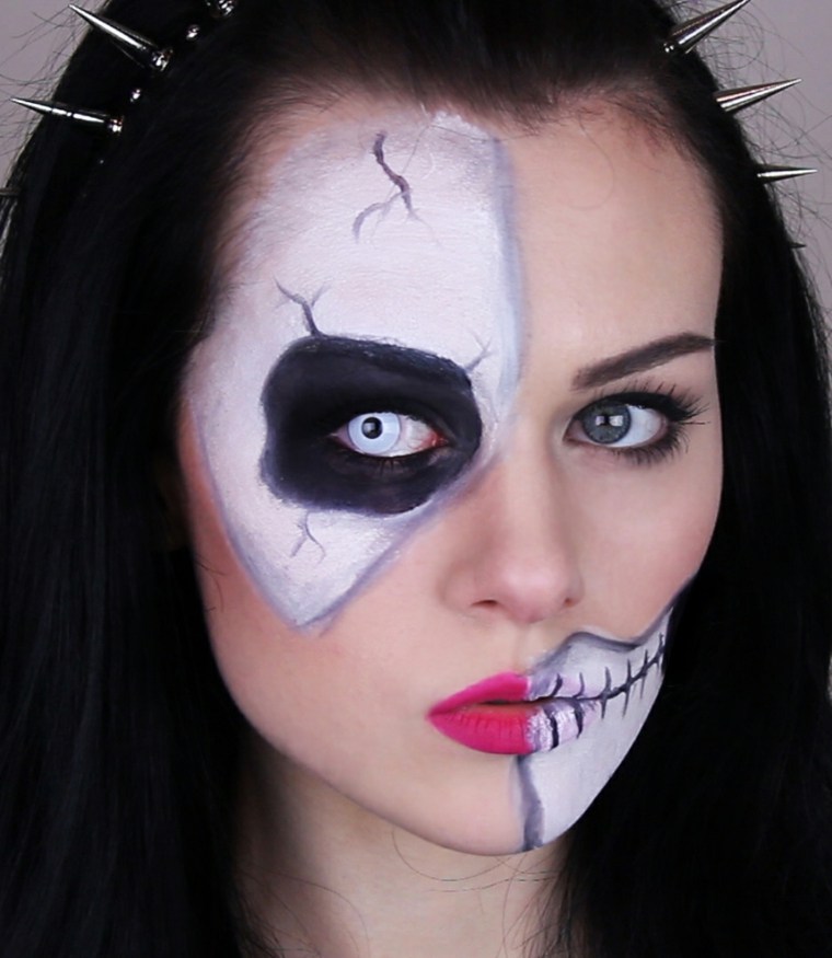 black skeleton makeup white half face woman