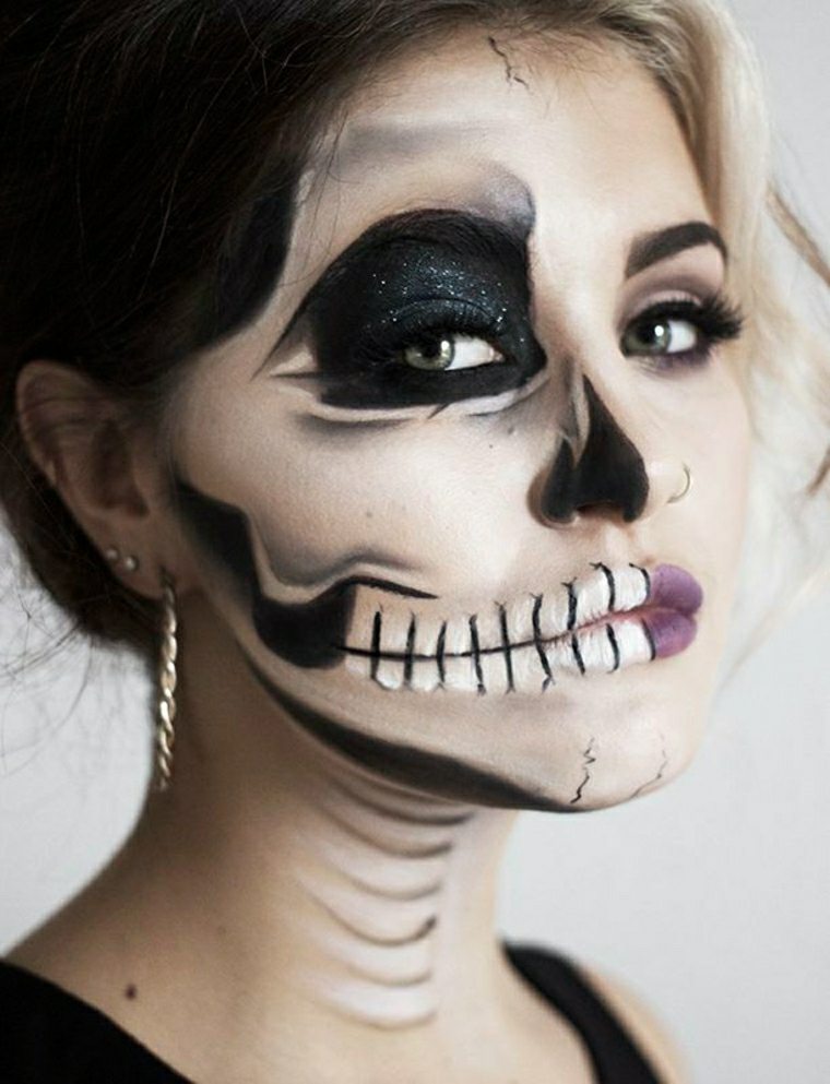 skeleton makeup black white green half face woman