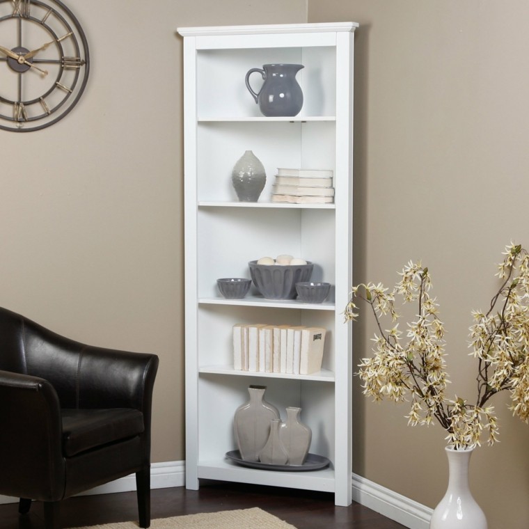 living room space saving idea corner cabinet wood shelf white wall deco