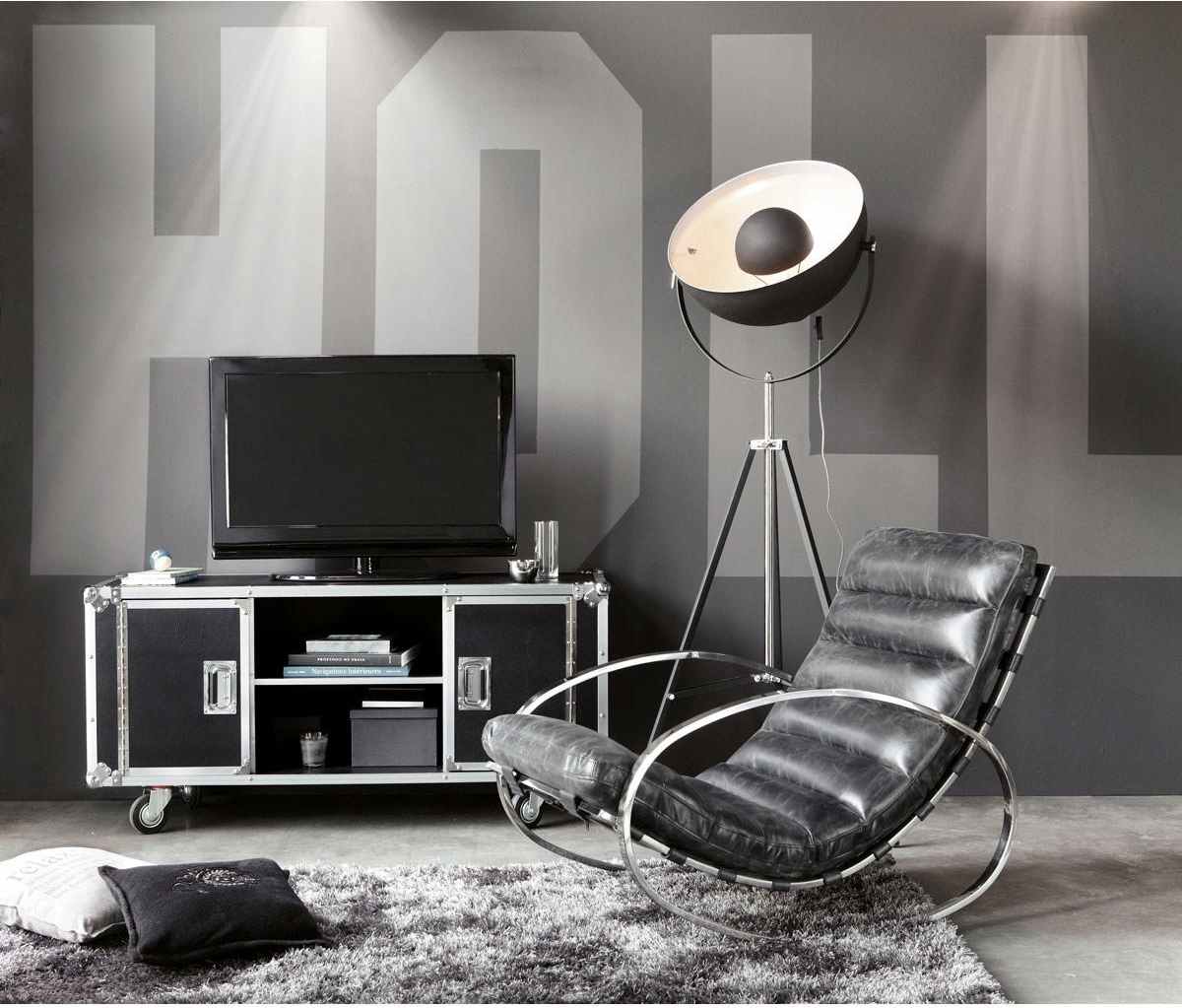 TV skap bokhylle design hjul moderne hus hus lenestol svart lær gulv matter grå