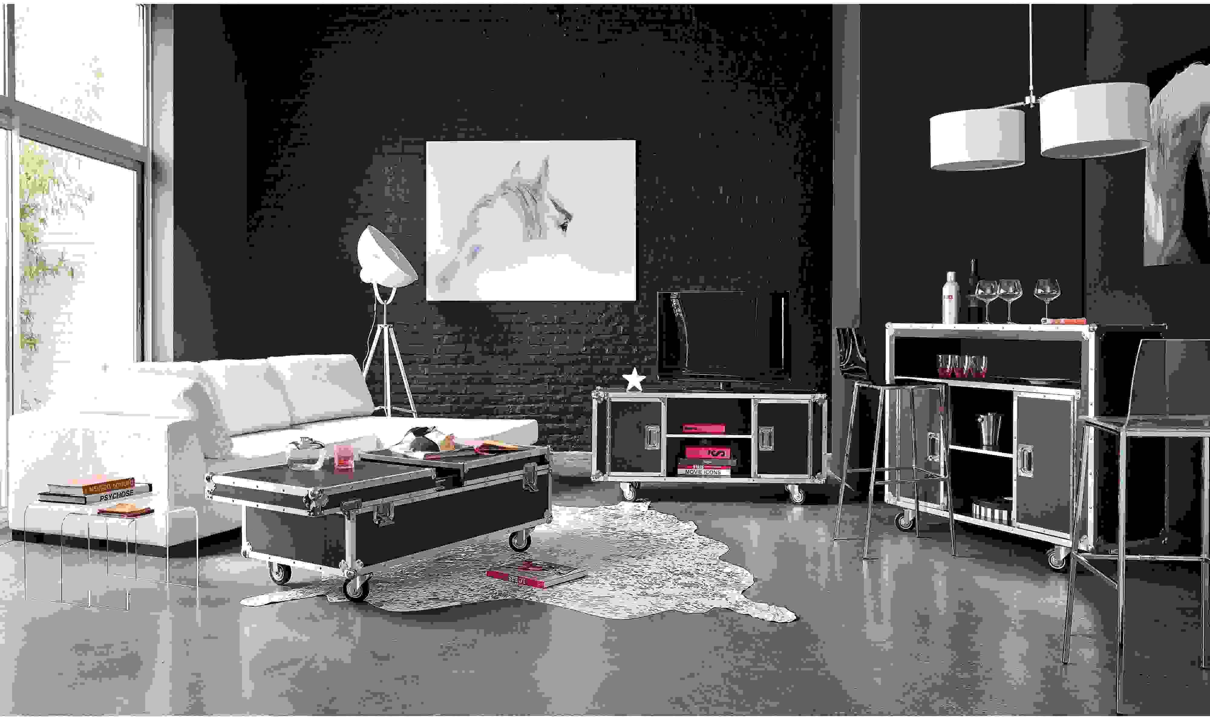 møbler TV-design moderne industrielle interiørdesign gulvmatter hvitt kaffebordstenger deco interiør stue svart