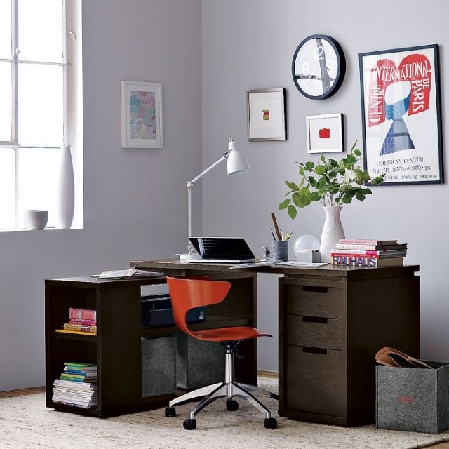 furniture-computer-modern-dark-wood-drawers-chair-casters-orange computer furniture