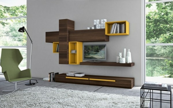 yellow wood living room storage cabinet