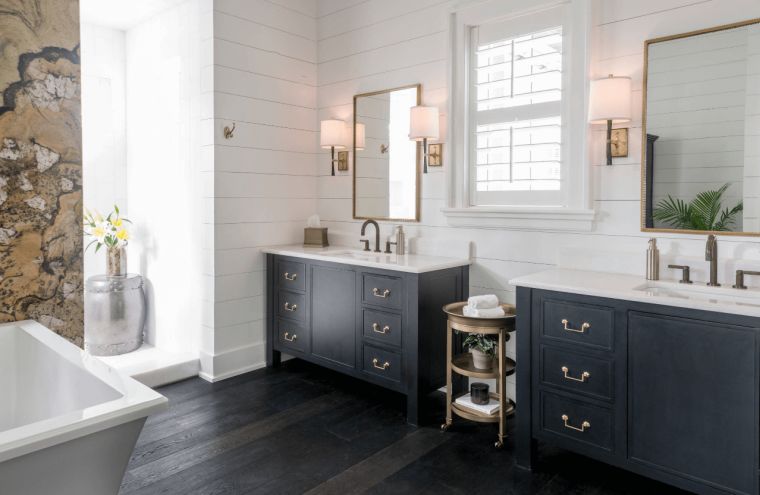 gray bathroom worktop and wood flooring wallcovering