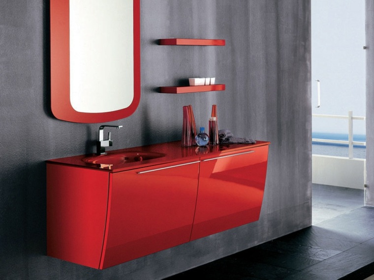 arrange bathroom red interior modern mirror