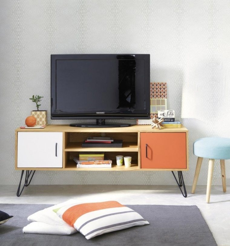 møbler stue design TV skap design moderne tre ide gulvteppe grå puter deco hus av verden