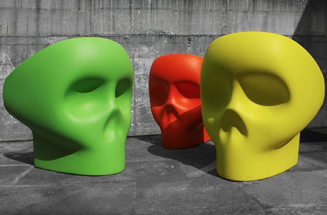 Skull design armchairs in yellow green and red scary furniture