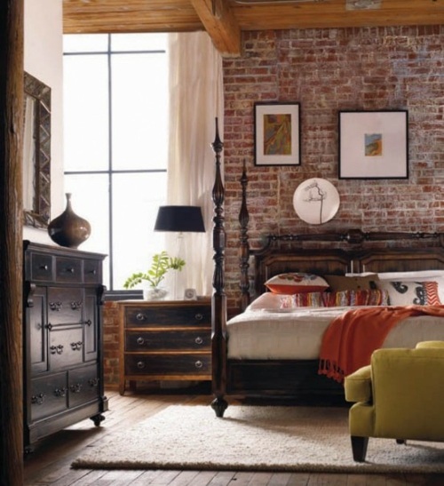 furniture bed wood wall bricks