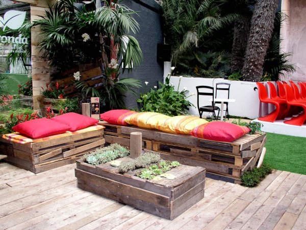 furniture patio wood table plants cushions