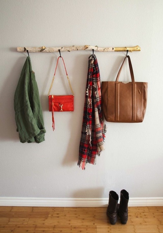 DIY nature coat rack consists of simple tree branch