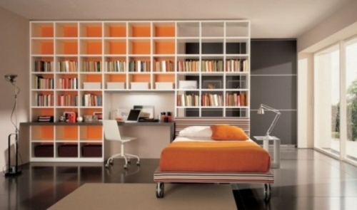 modern minimalist bedroom bed orange