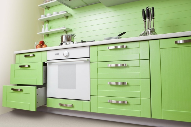 furniture kitchen green wood drawers design wall idea shelves white oven