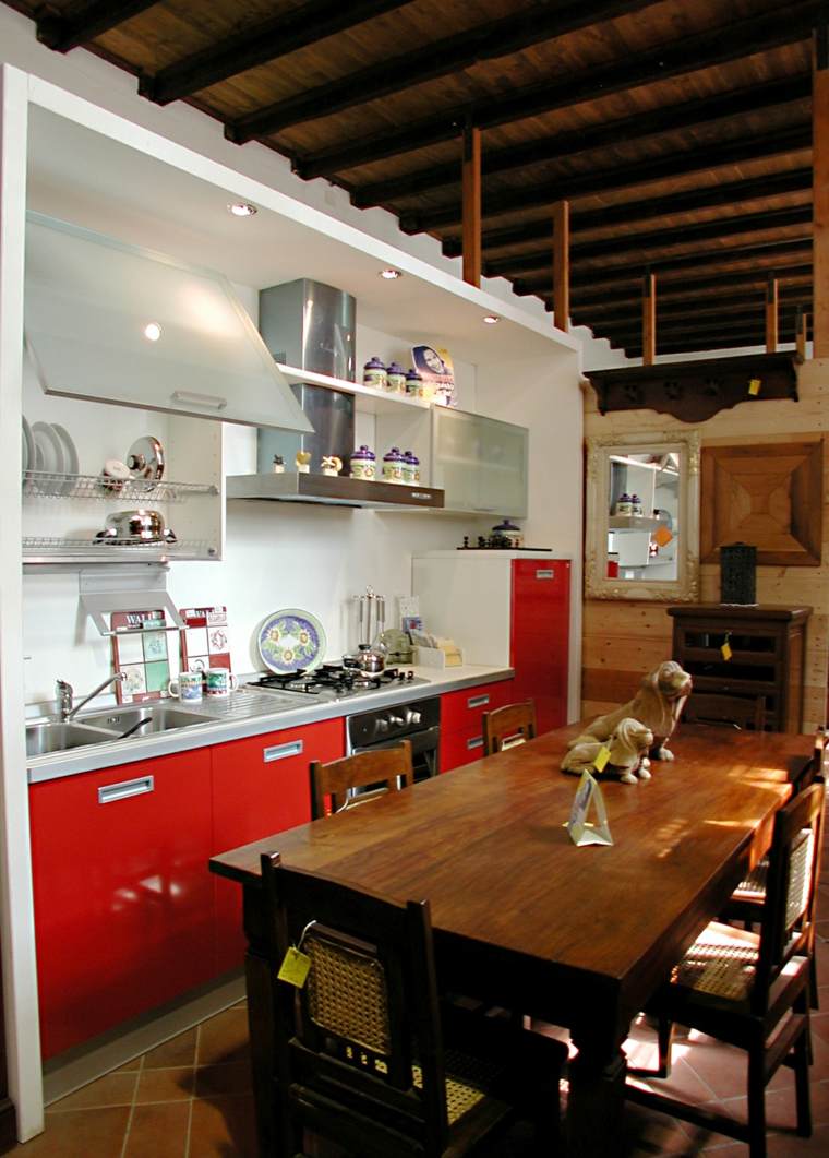 red kitchen model wood table