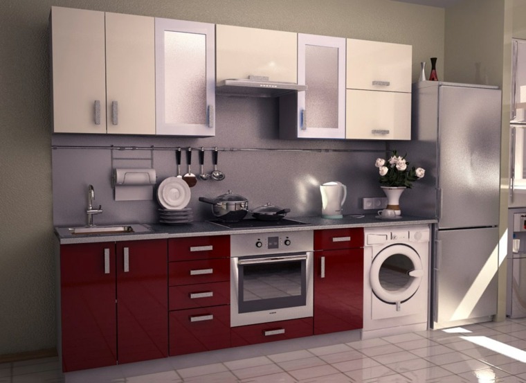 liten rød og grå kjøkkenidee