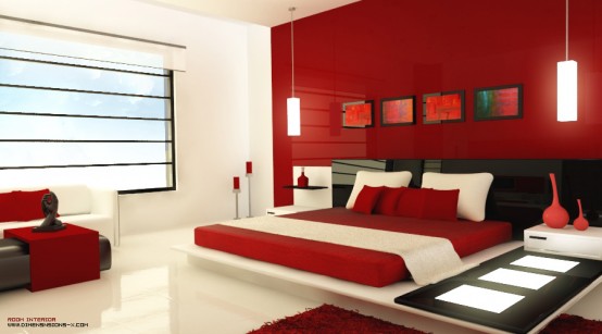 modern minimalist red bedroom white