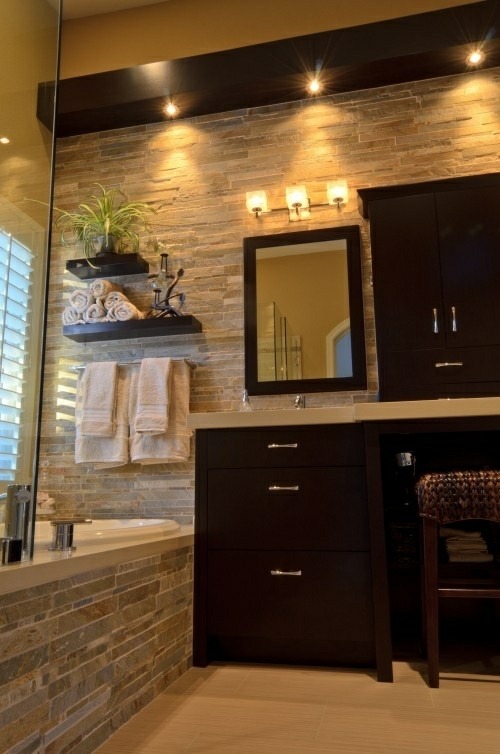 wall stone bath cabinet storage dark wood