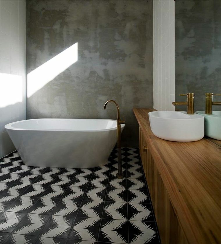 bathroom concrete wall bathtub tile black white wood furniture