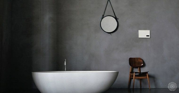 concrete wall waxed design modern bathtub round mirror wall idea