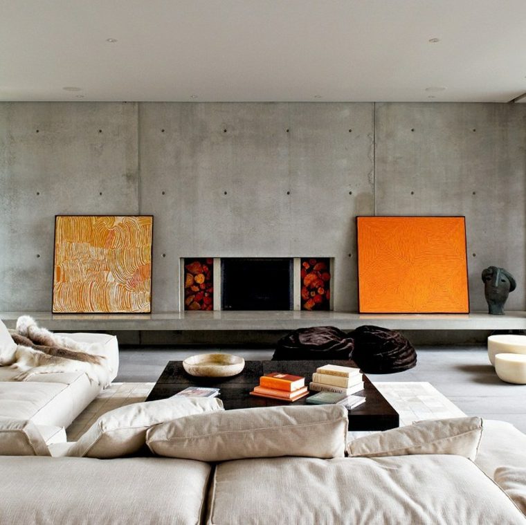 living room decor modern fireplace wallcovering concrete