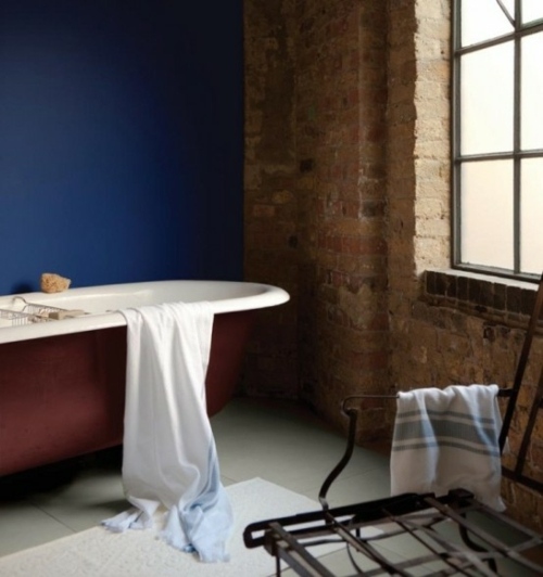 blue wall bathroom bricks view bathtub