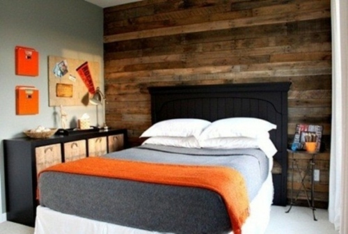 wood wall accents orange bedroom