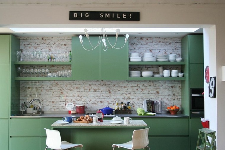 brick wall kitchen green wood