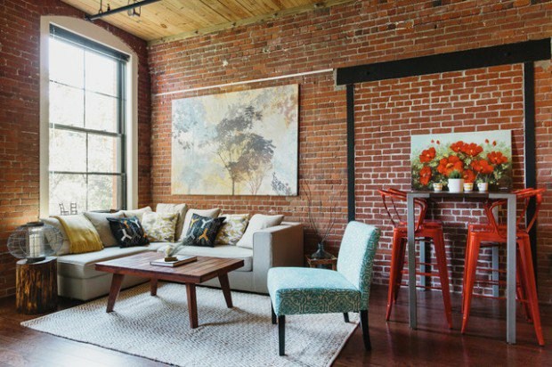 red brick wall living room