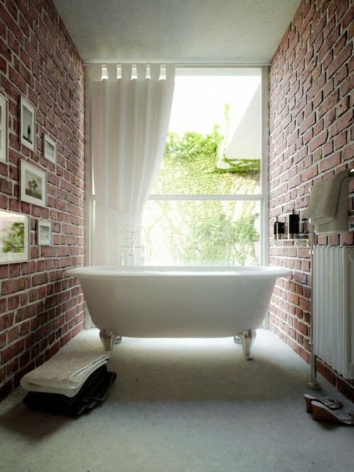 red brick wall bracket metal curtain white bathtub