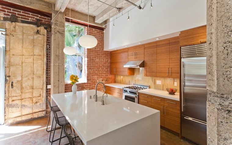 brick wall contemporary kitchen