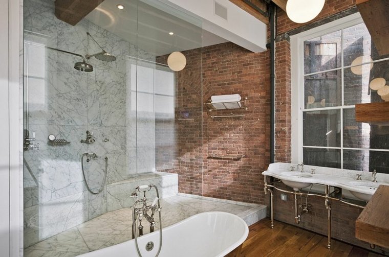 brick wall contemporary bathroom