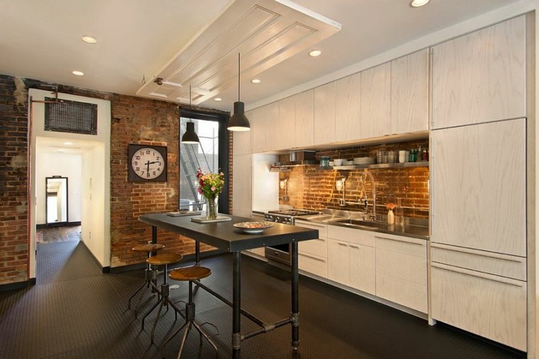 wood kitchen brick wall