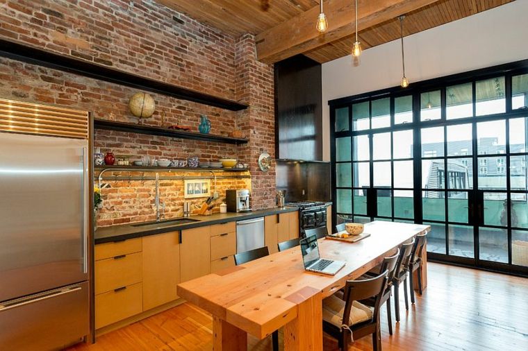 brick wall kitchen wood