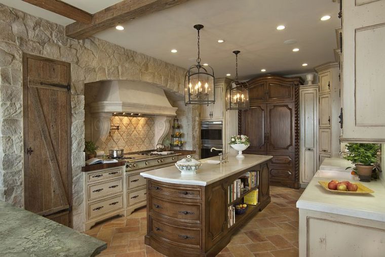 kitchen island stone wall