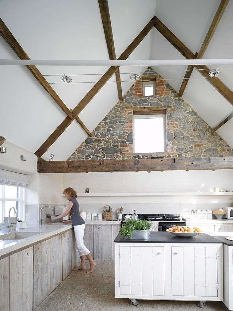 beam wall stone interior kitchen