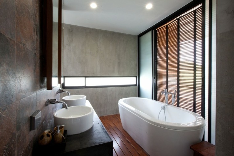 bathroom wall concrete wax design modern bathtub idea parquet wood floor