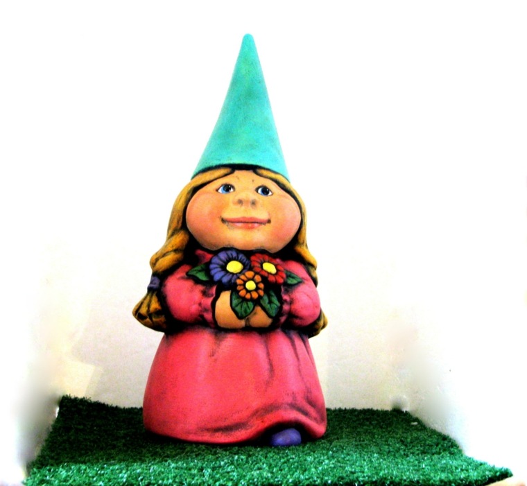 garden gnome woman dress red pink hat blue bunch of flowers