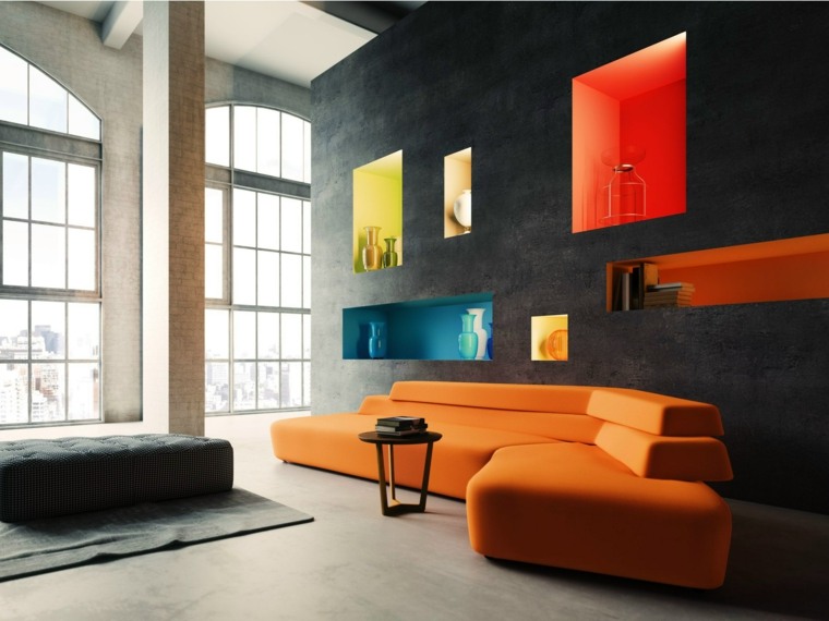 niche idea wall space storage living room sofa orange coffee table