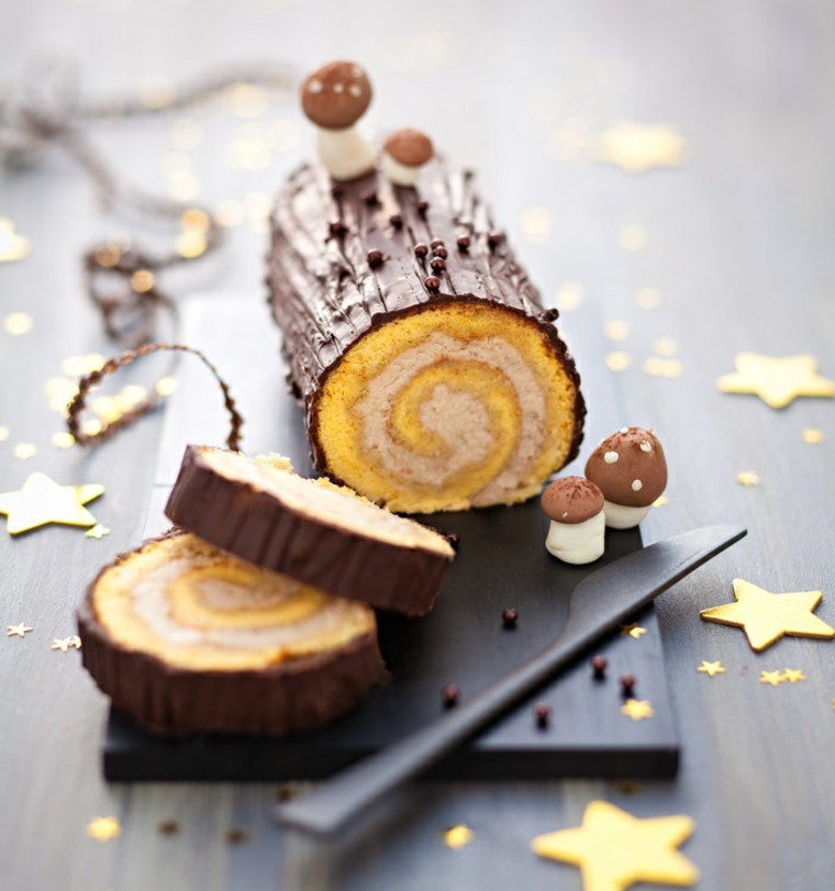 christmas log decoration idea chocolate star mushrooms