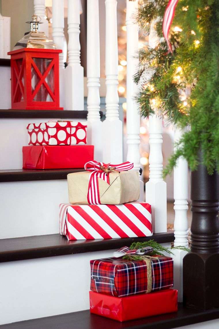 christmas deco interior stairway entrance gifts stairs