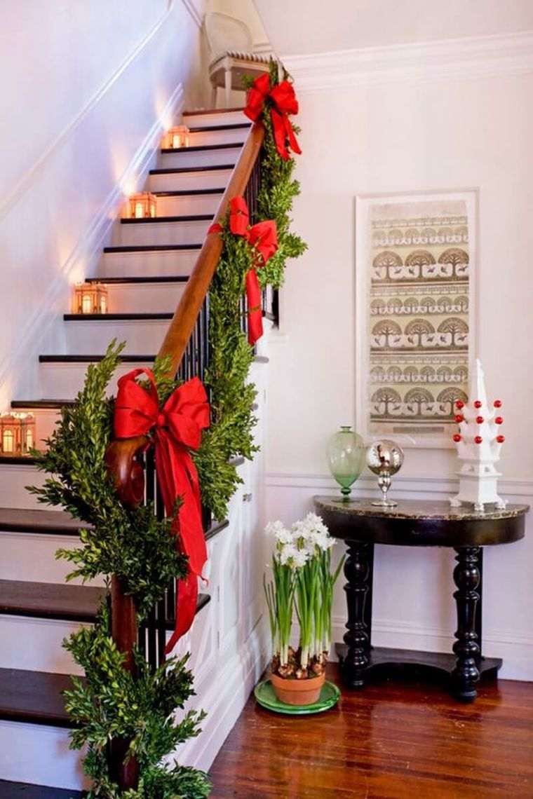 christmas deco stair ribbon lanterns candles idea