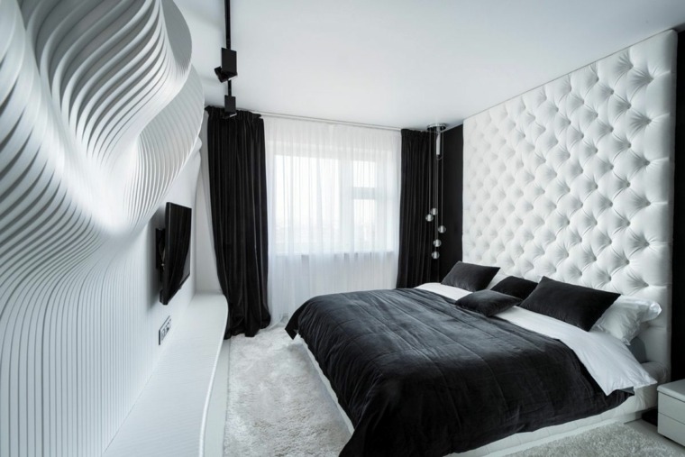modern design bedroom wall quilted bed idea black curtains