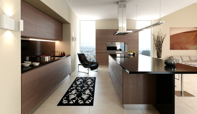 black kitchen wood design central island idea floor mat
