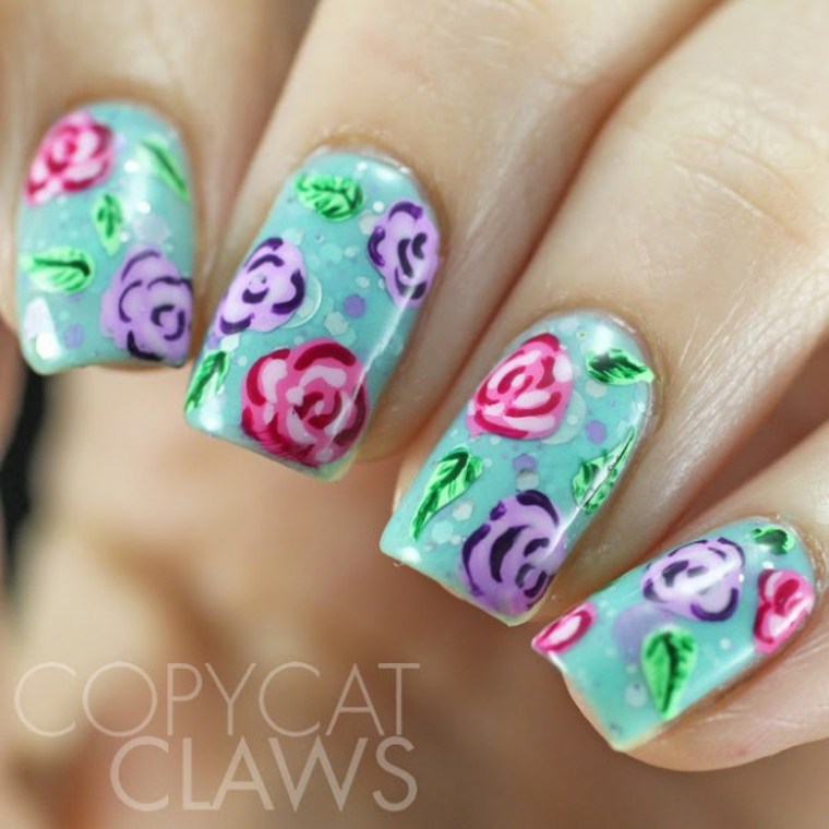 drawing nails idea pink flowers